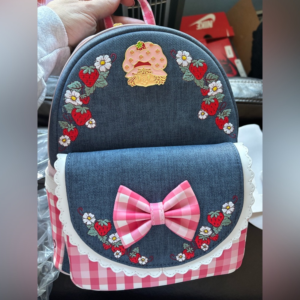 Loungefly Denim Strawberry Shortcake Backpack with Pink Gingham Bow